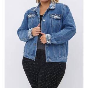 NEW VOCAL APPAREL pearl embellished denim jacket in blue